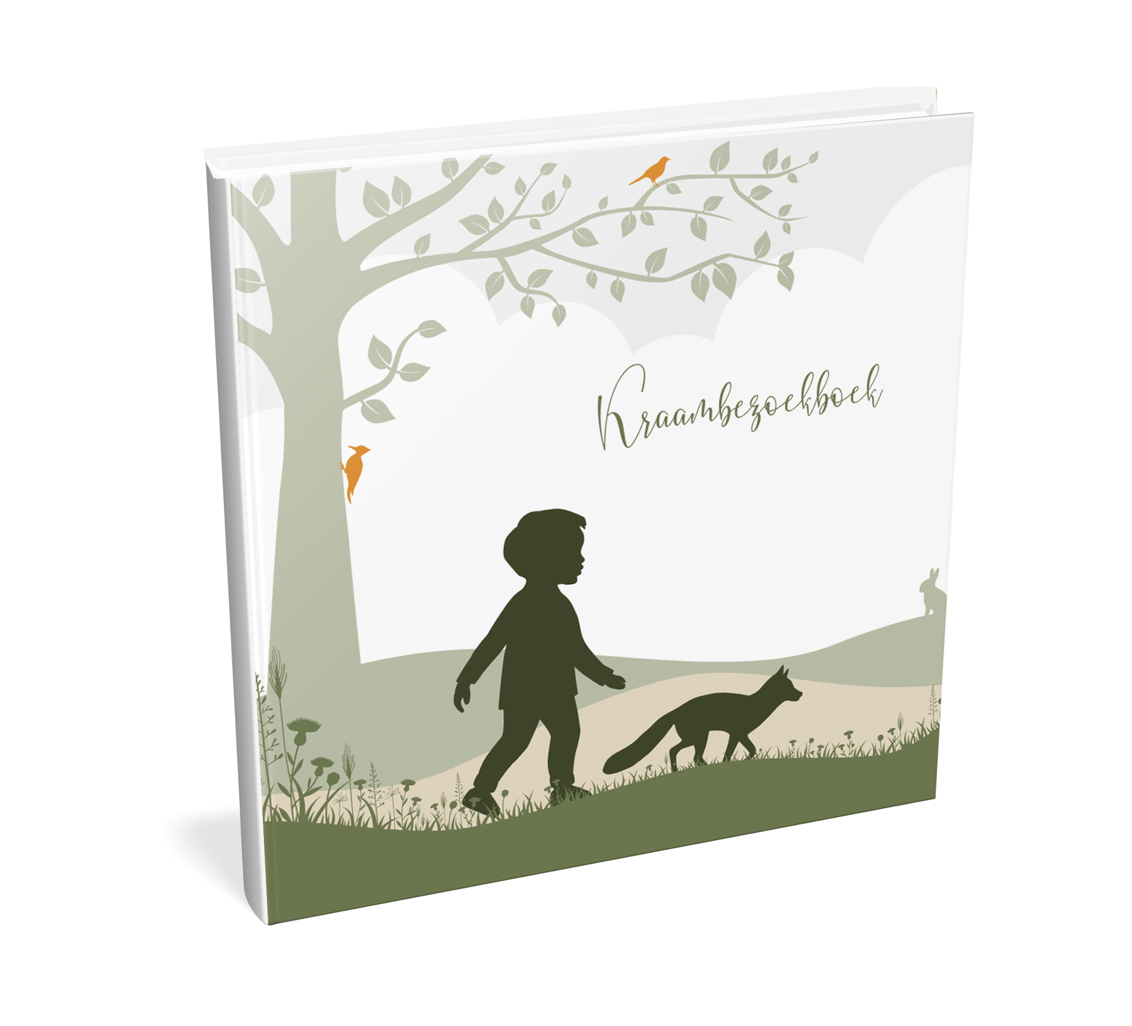 Kraambezoekboek met jongen en vosje in abstract landschap