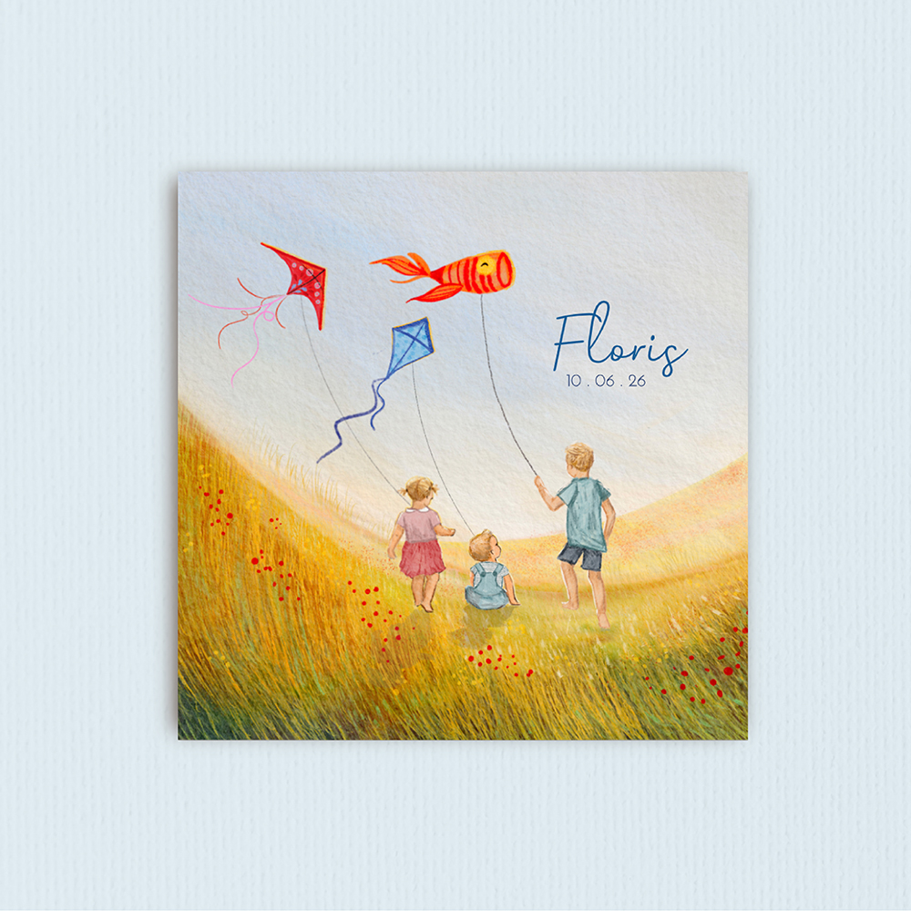 Geboortekaartje: vliegeren samen met zus en broer