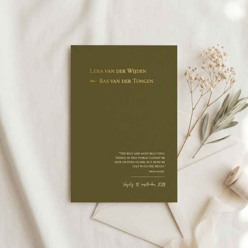 Moderne Save the Date olijfgroen goudfolie