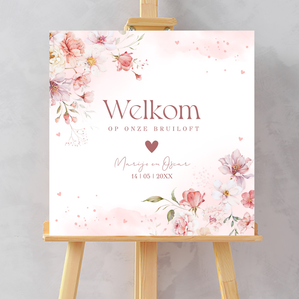 Bruiloftsbord roze watercolour bloemen