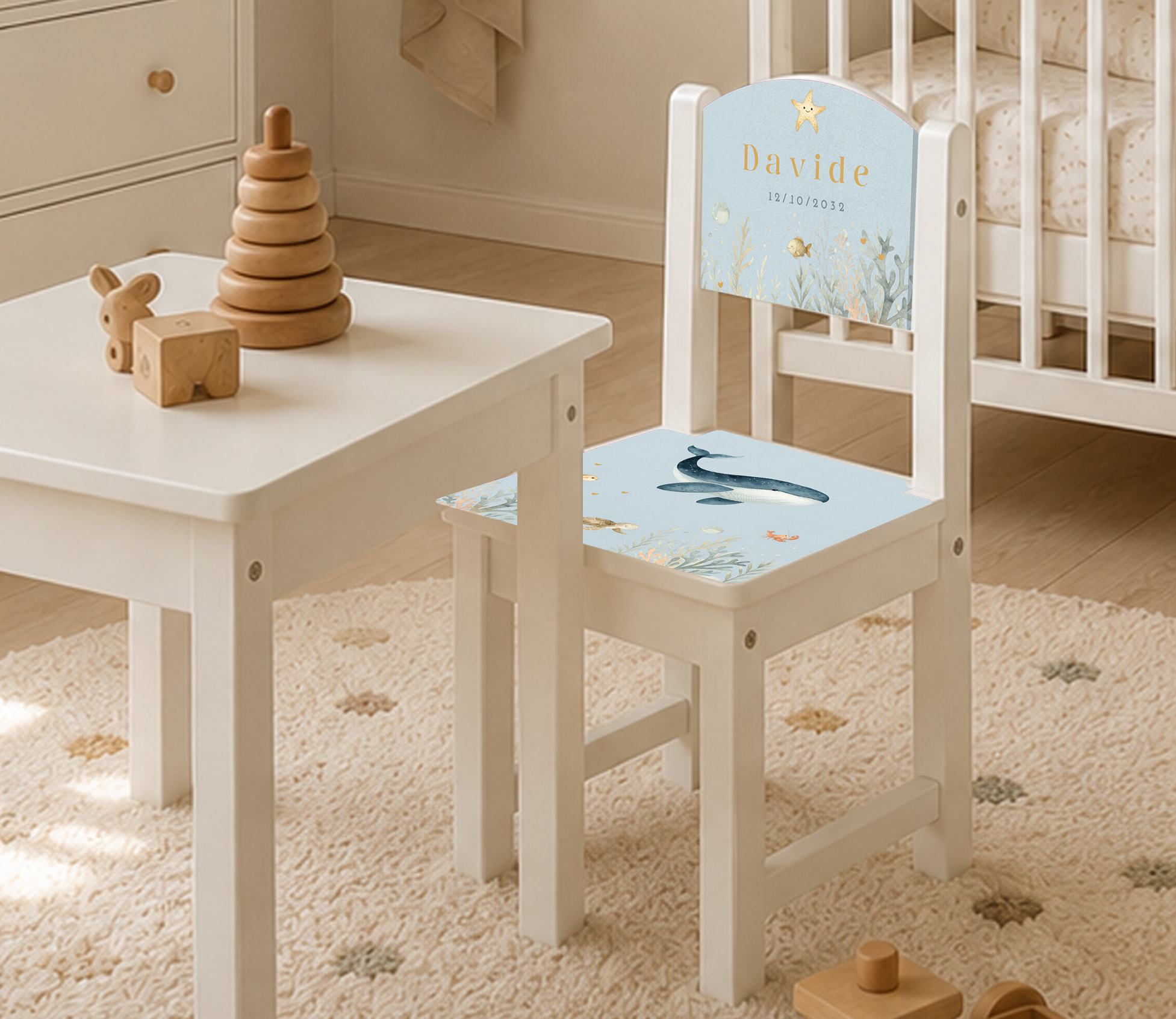 Personaliseerbare sticker kinderstoeltje Ikea met walvis