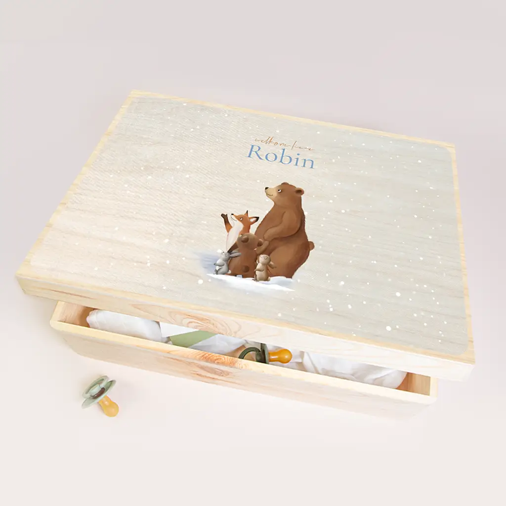 Houten memorybox met lieve winterdieren