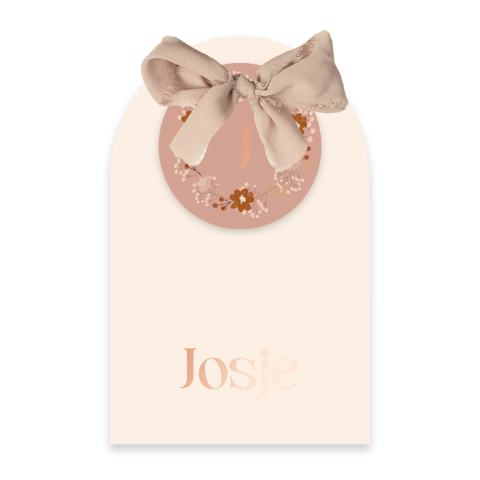 Label geboortekaartje meisje met bloemen en roségoudfolie