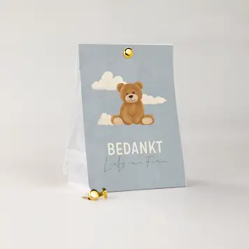 Doopsuiker tentkaartje blauw met teddybeer en wolken