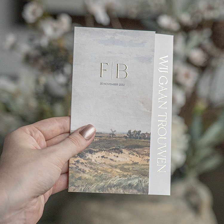 Unieke drieluik trouwuitnodiging met schilderij en folie