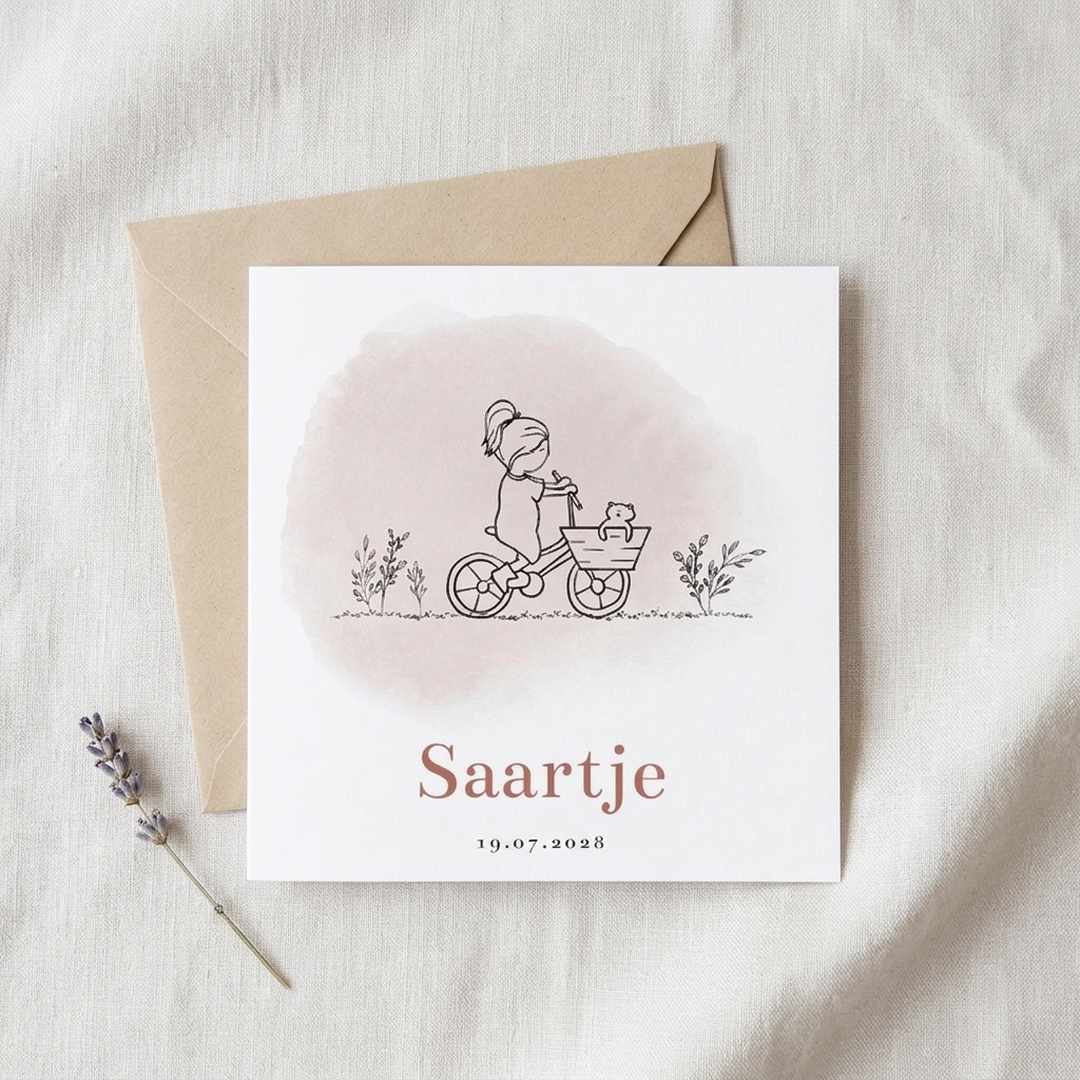 Geboortekaartje illustratie meisje bakfiets