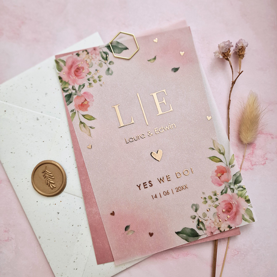 Trouwkaart kalkpapier bloemen rozen rosegoudfolie (set 2 kaarten)