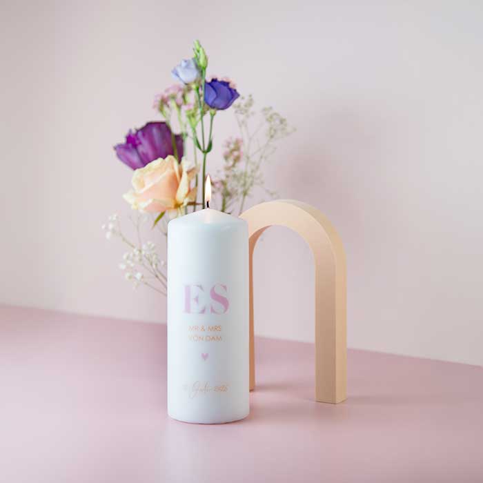 Hochzeitskerze mit Initialen und Herz - 20 cm lang, 8cm Ø