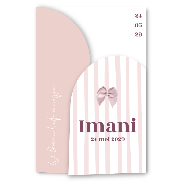 hip geboortekaartje meisje in oudroze en paars met strikje