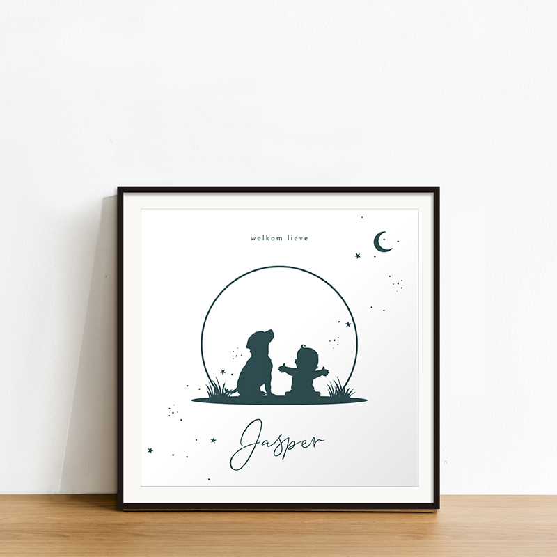Vierkante geboorteposter met silhouet hond en kindje