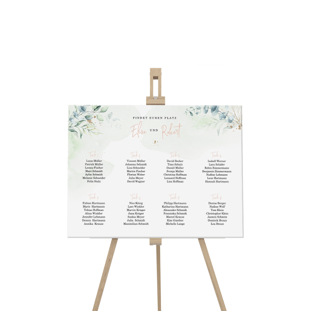 Sitzplan Schild mit Aquarell-Eukalyptuszweigen