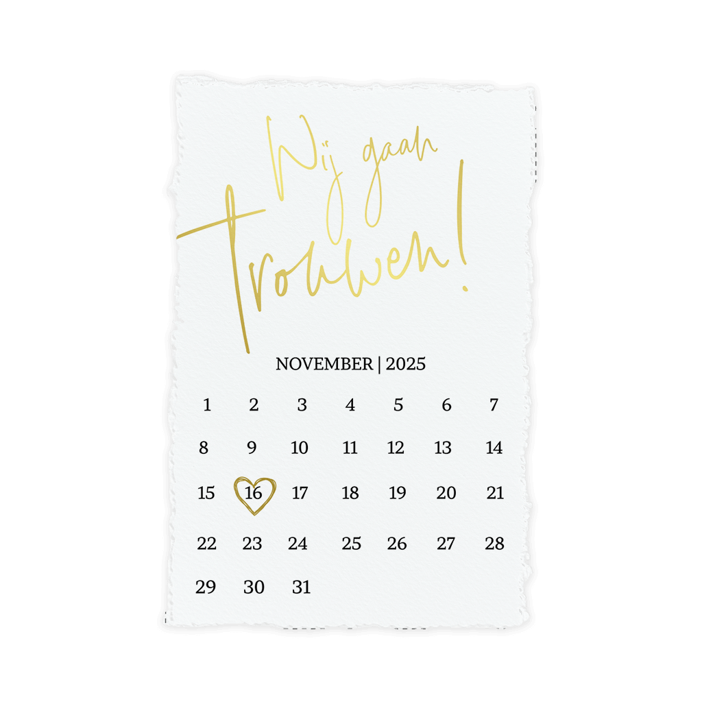Trouwkaart met goudfolie met kalender in scheppapier-look