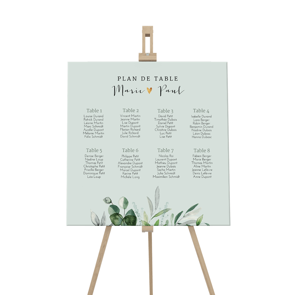 Plan de table avec des branches d'aquarelle vertes et un cœur doré