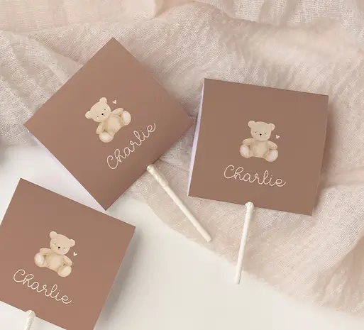 Doopsuiker lollyhoesje bruin met teddybeer |  3 stuks