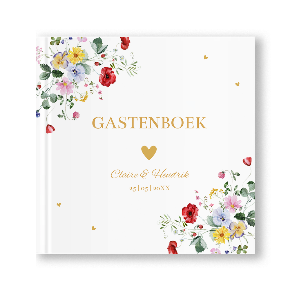 Gastenboek huwelijk wit veldbloemen gekleurd vierkant