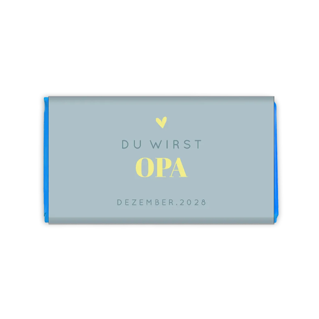 Schwangerschaftsankündigung auf Schokoladenverpackung in Blau für Opa