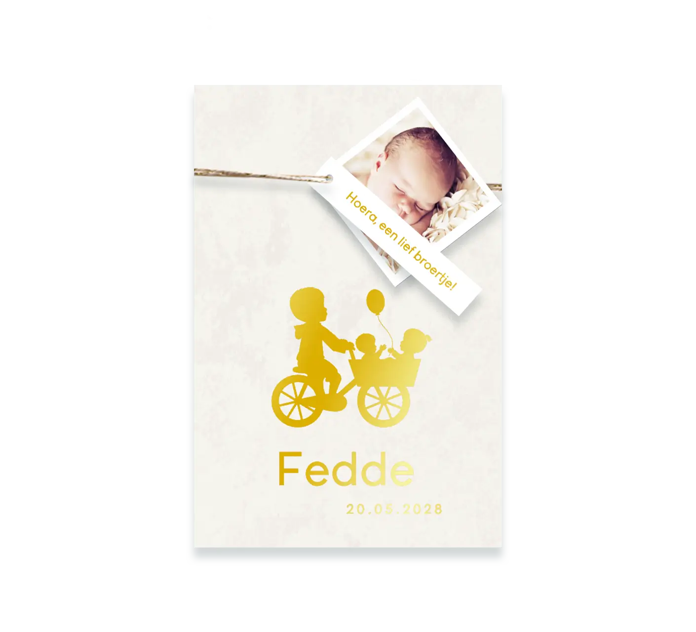 Label geboortekaartje broertje met goudfolie silhouetjes en foto