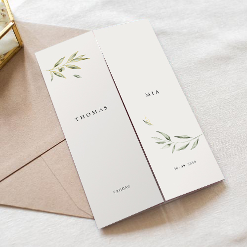 Luikvouw trouwkaart mediterraans olijftakjes