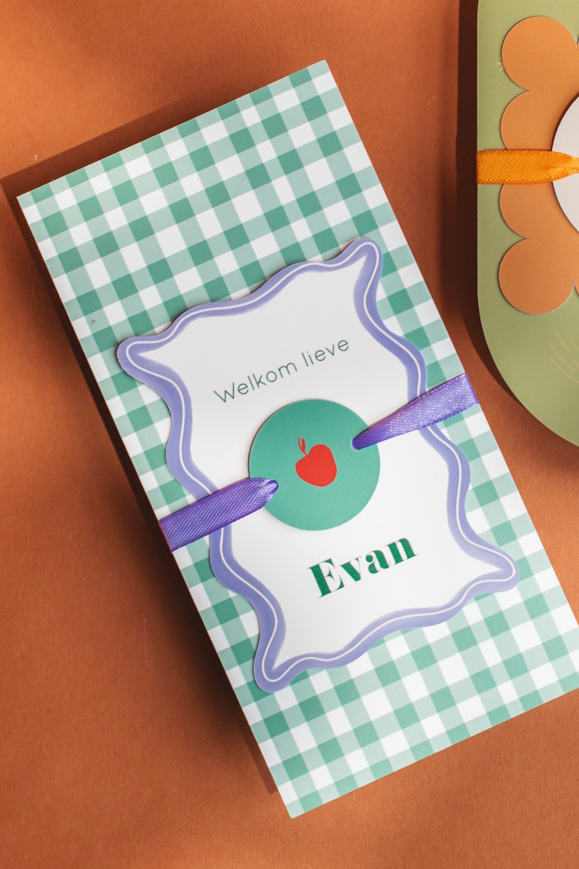 Geboortekaartje geruit appel petrol stapelkaart