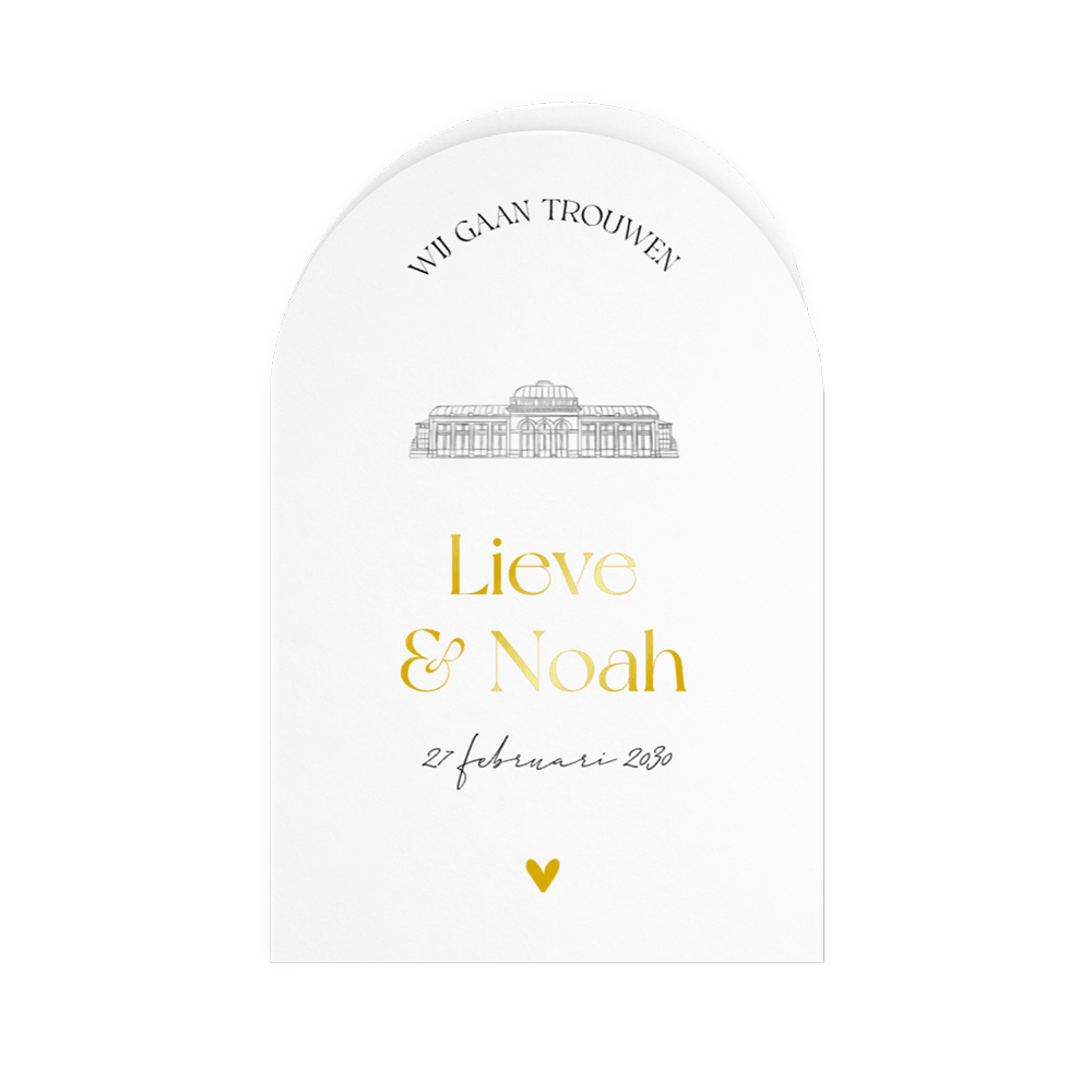 Trouwkaart in boogvorm met illustratie Orangerie Elswout en goudfolie