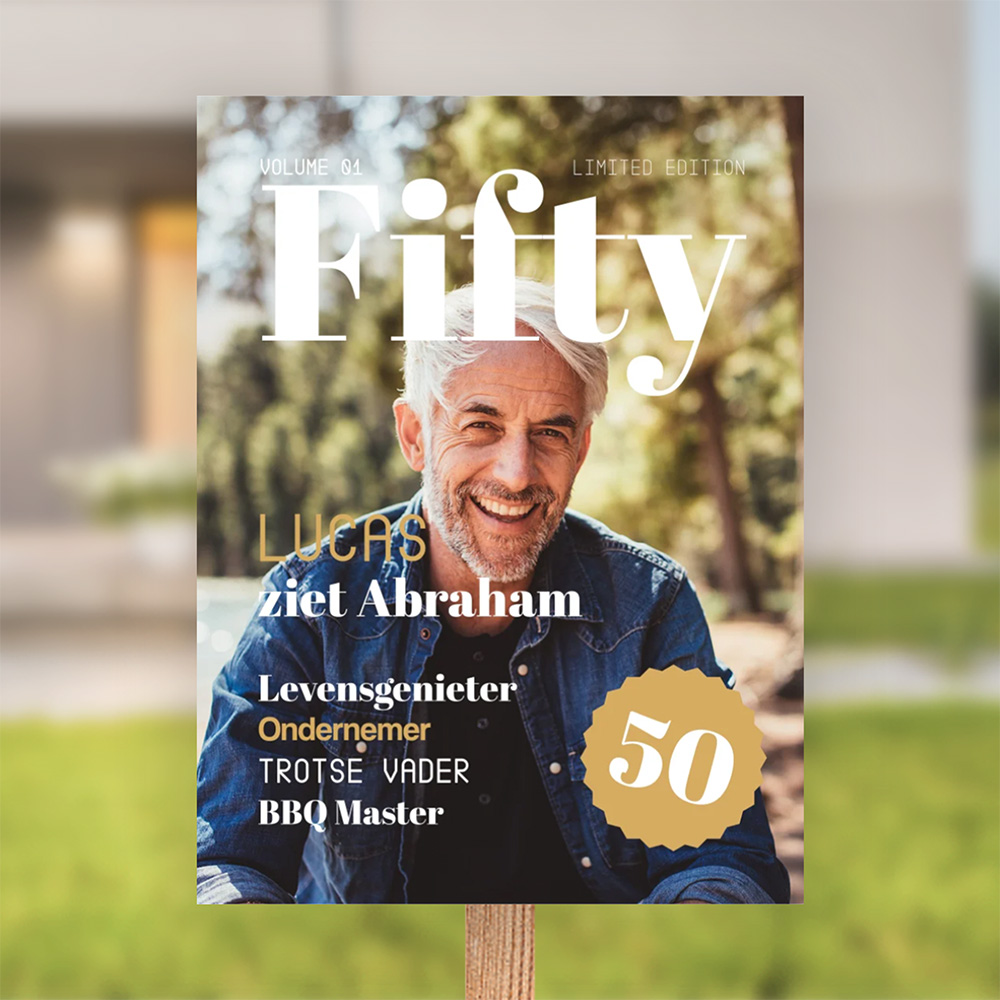 Verjaardag bord 50 jaar Abraham met foto als magazine cover