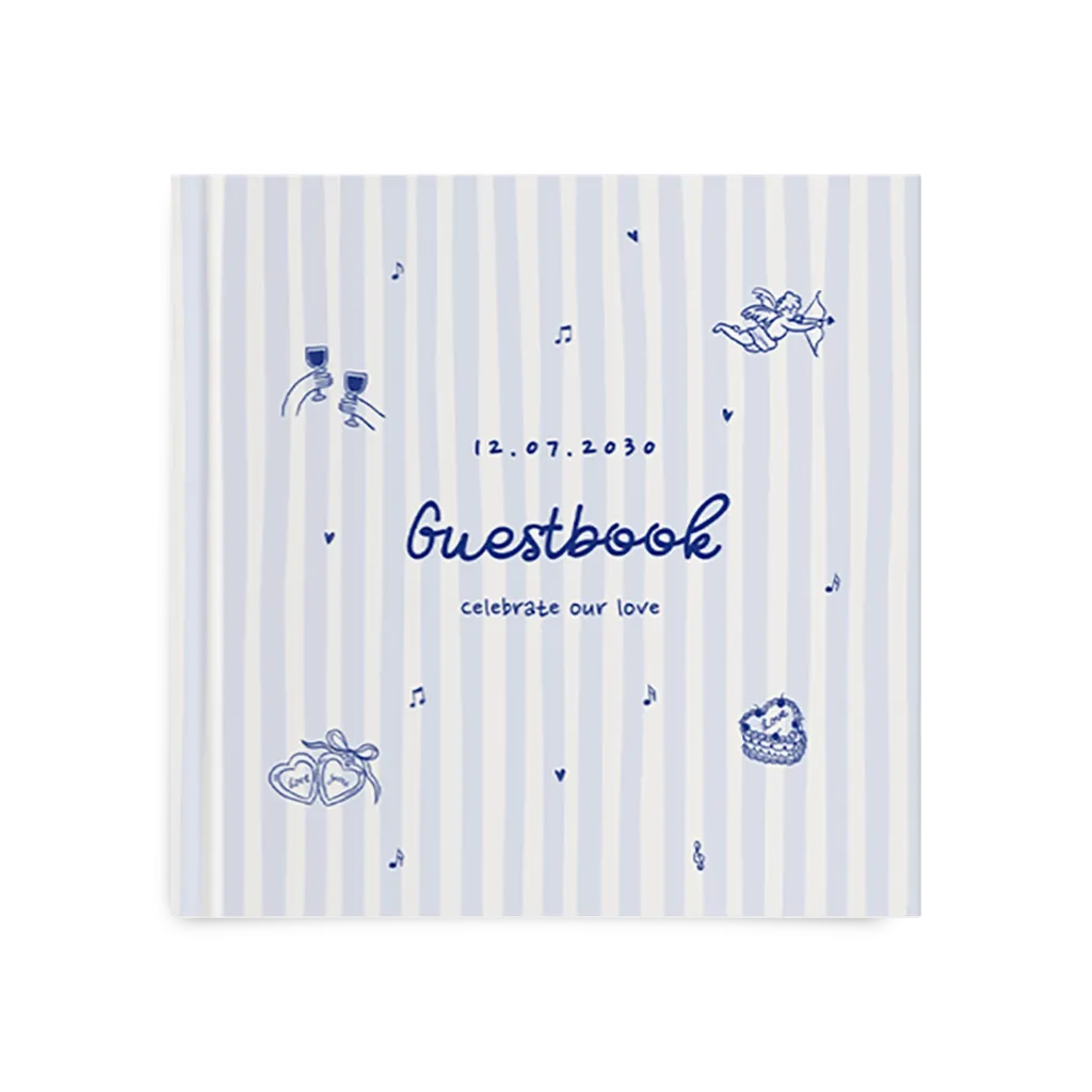 Gästebuch zur Hochzeit mit blauen Streifenmuster und Illustrationen