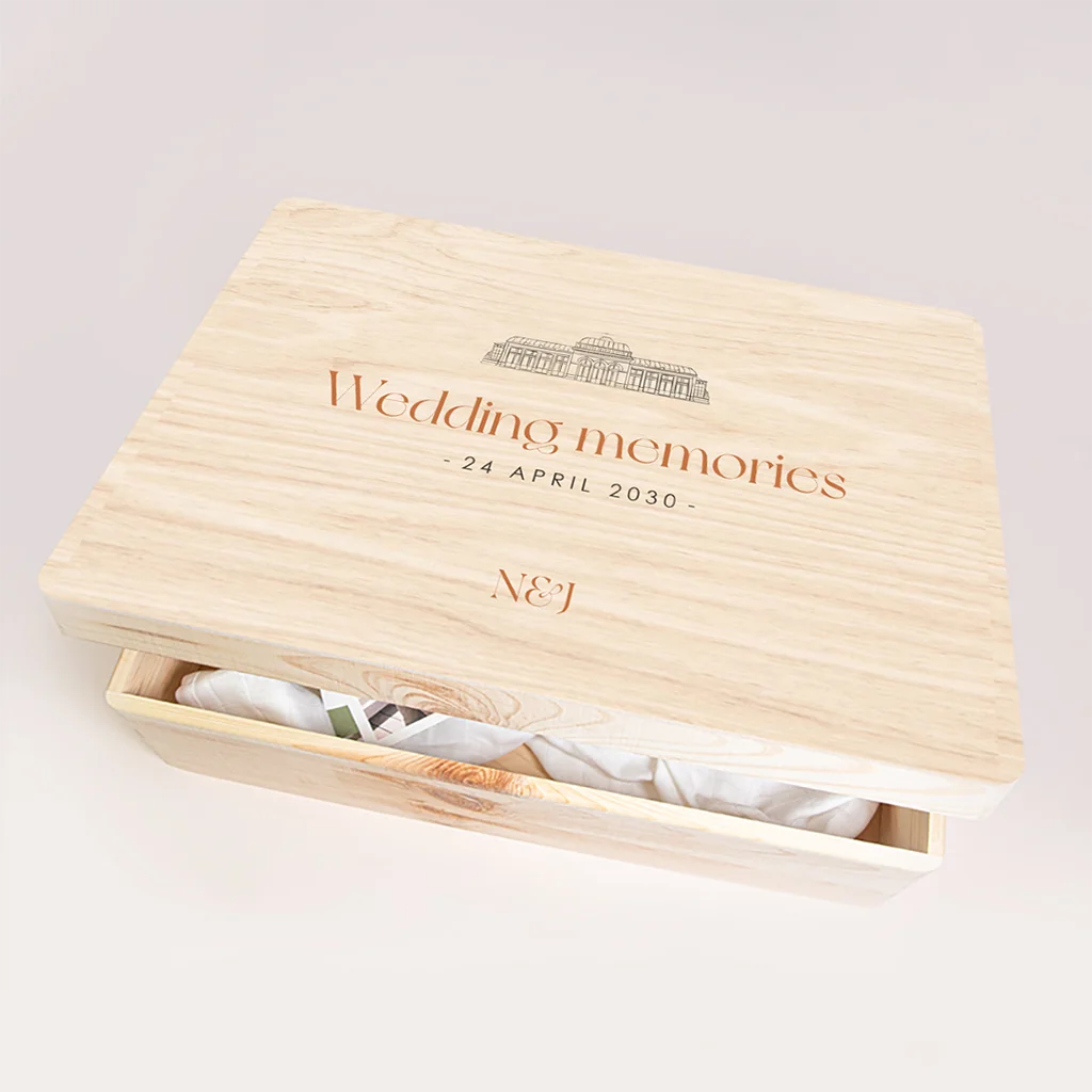 Memorybox huwelijk met illustratie van trouwlocatie