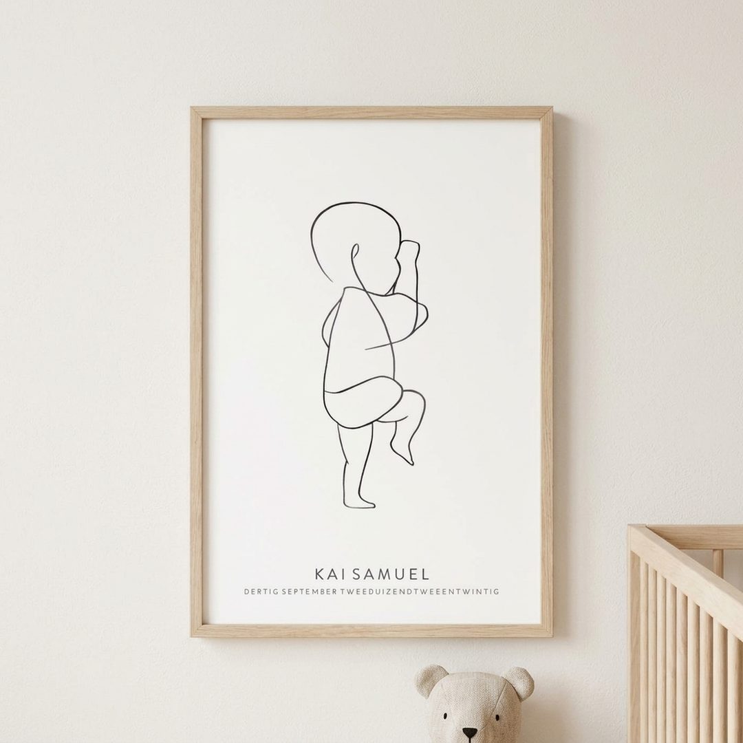 Poster lijntekening baby met zwartfolie opdruk bewerk zelf