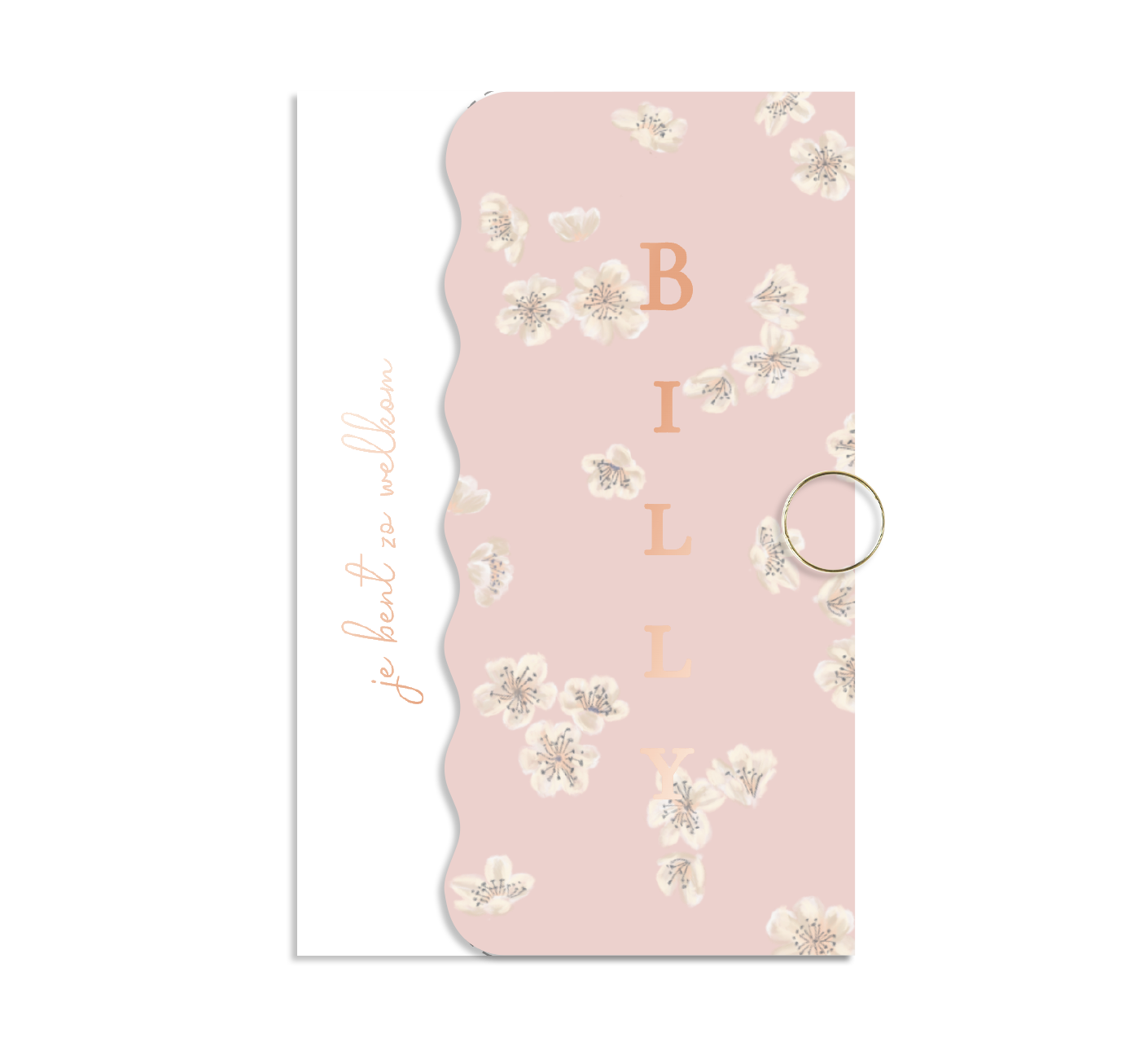 Label geboortekaartje roze met bloemetjes en roségoudfolie