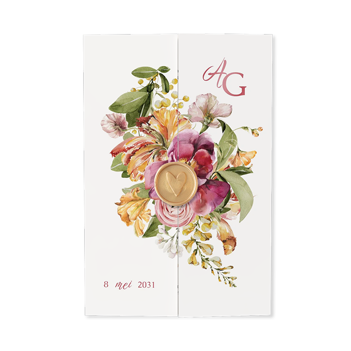 Drieluik trouwkaart met veel bloemen