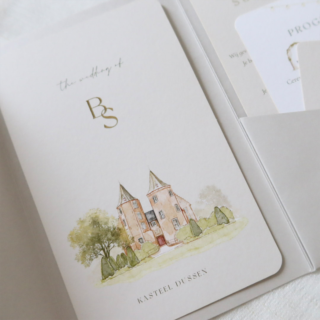 Pocketfold trouwkaart getekende trouwlocatie kasteel dussen