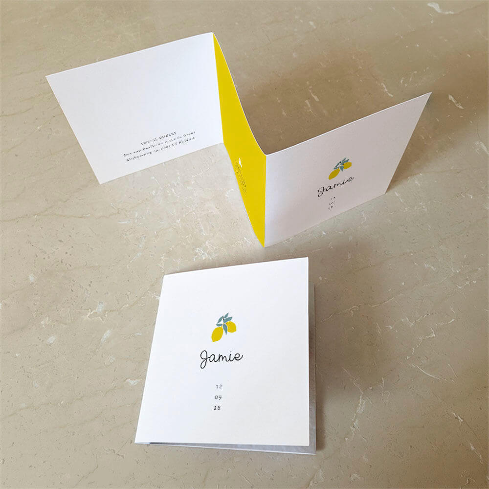 Origineel geboortekaartje unisex met citroentjes en foto