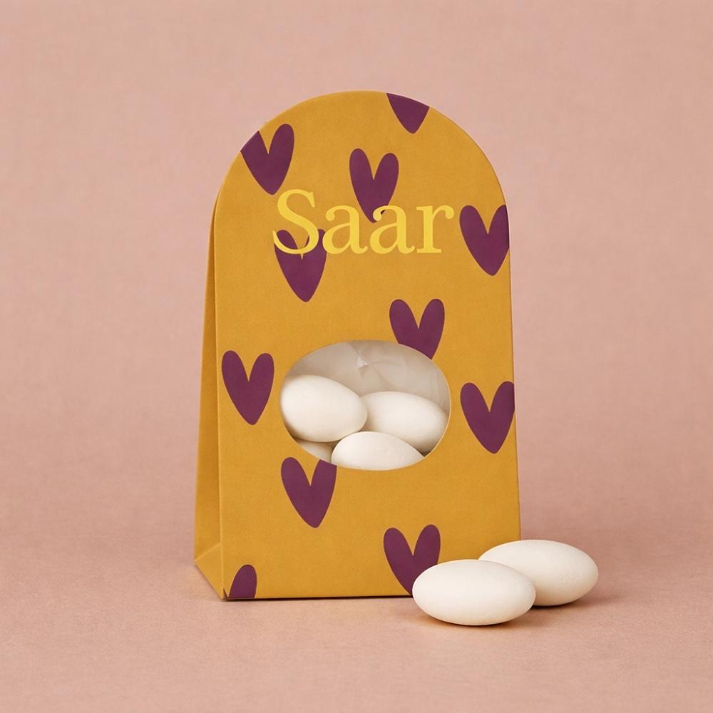 Doopsuiker wikkel meisje ovaal hartje okergeel paars