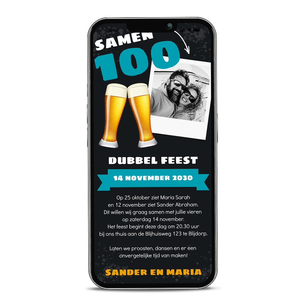 Digitale dubbel feest uitnodiging samen 100 met eigen foto en bier