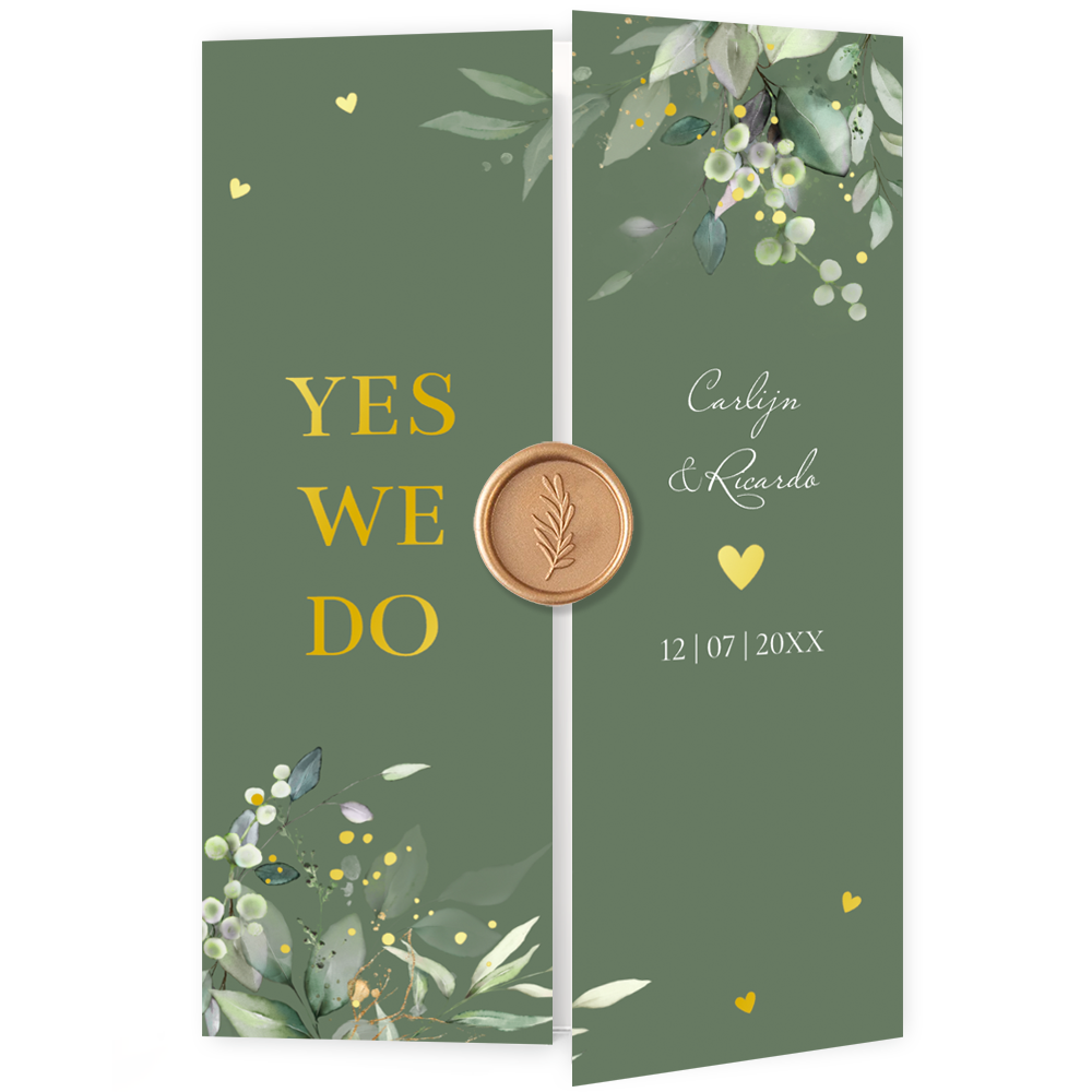 Romantische drieluik trouwkaart watercolour bloemen blauw groen