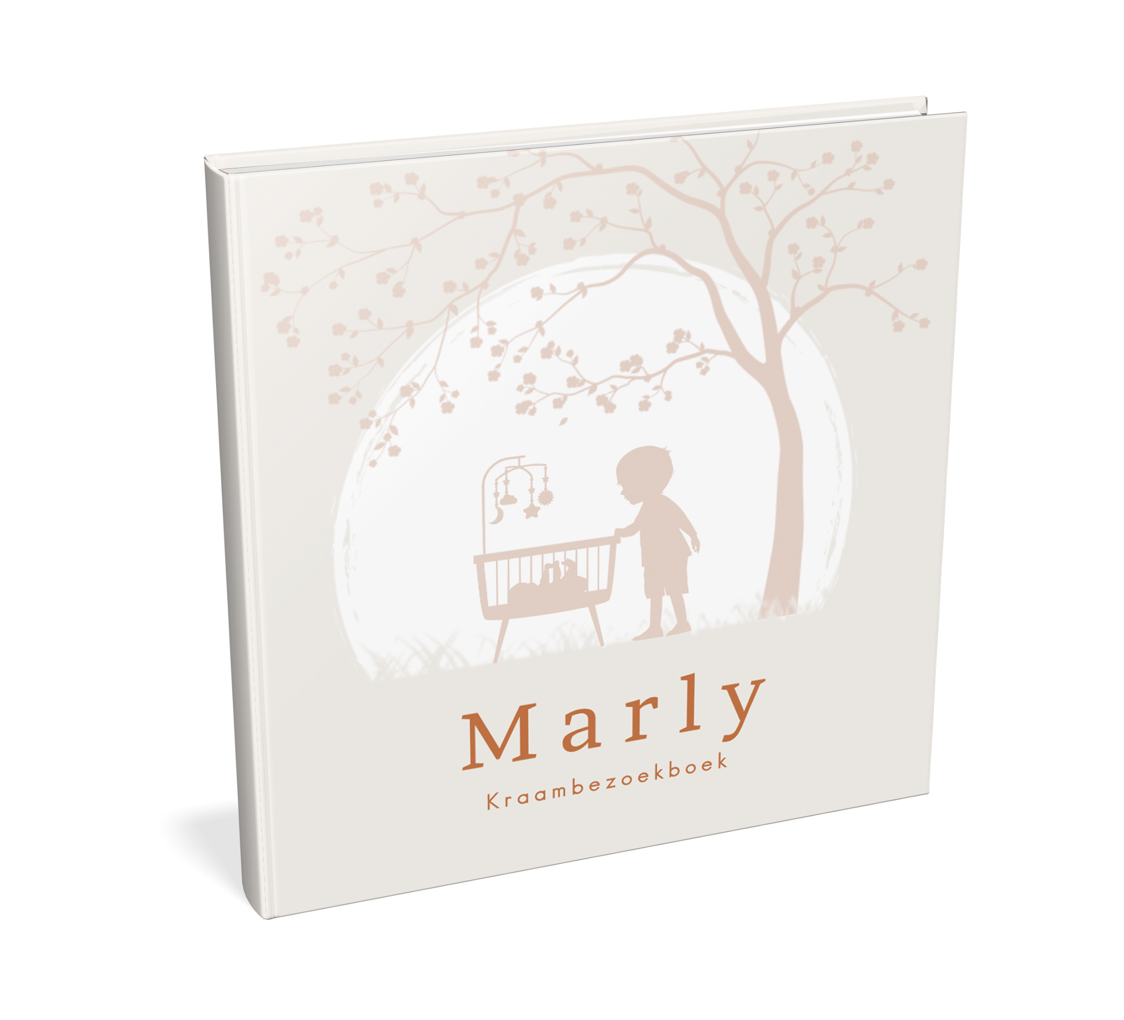 Kraambezoekboek beige met wiegje en silhouet grote broer