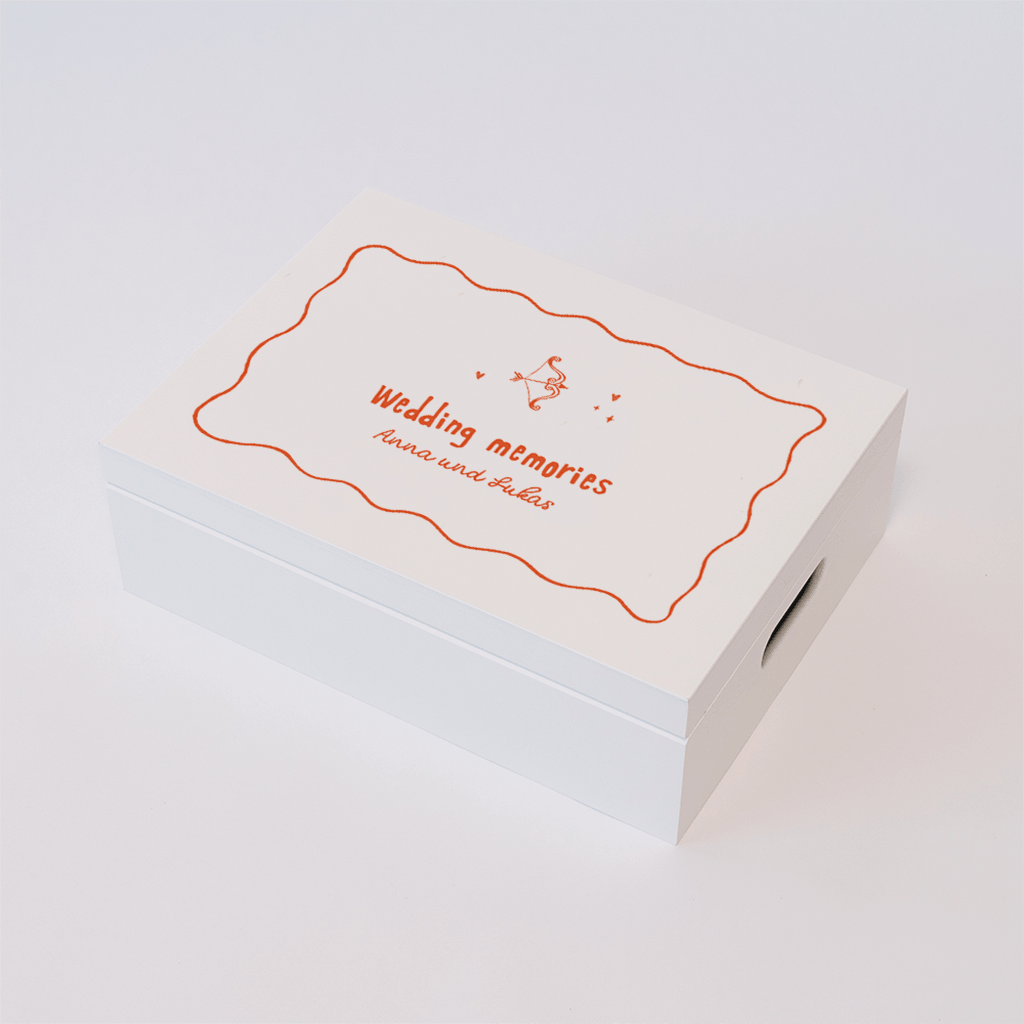 Erinnerungskiste zur Hochzeit in Orange mit verspielten Illustrationen