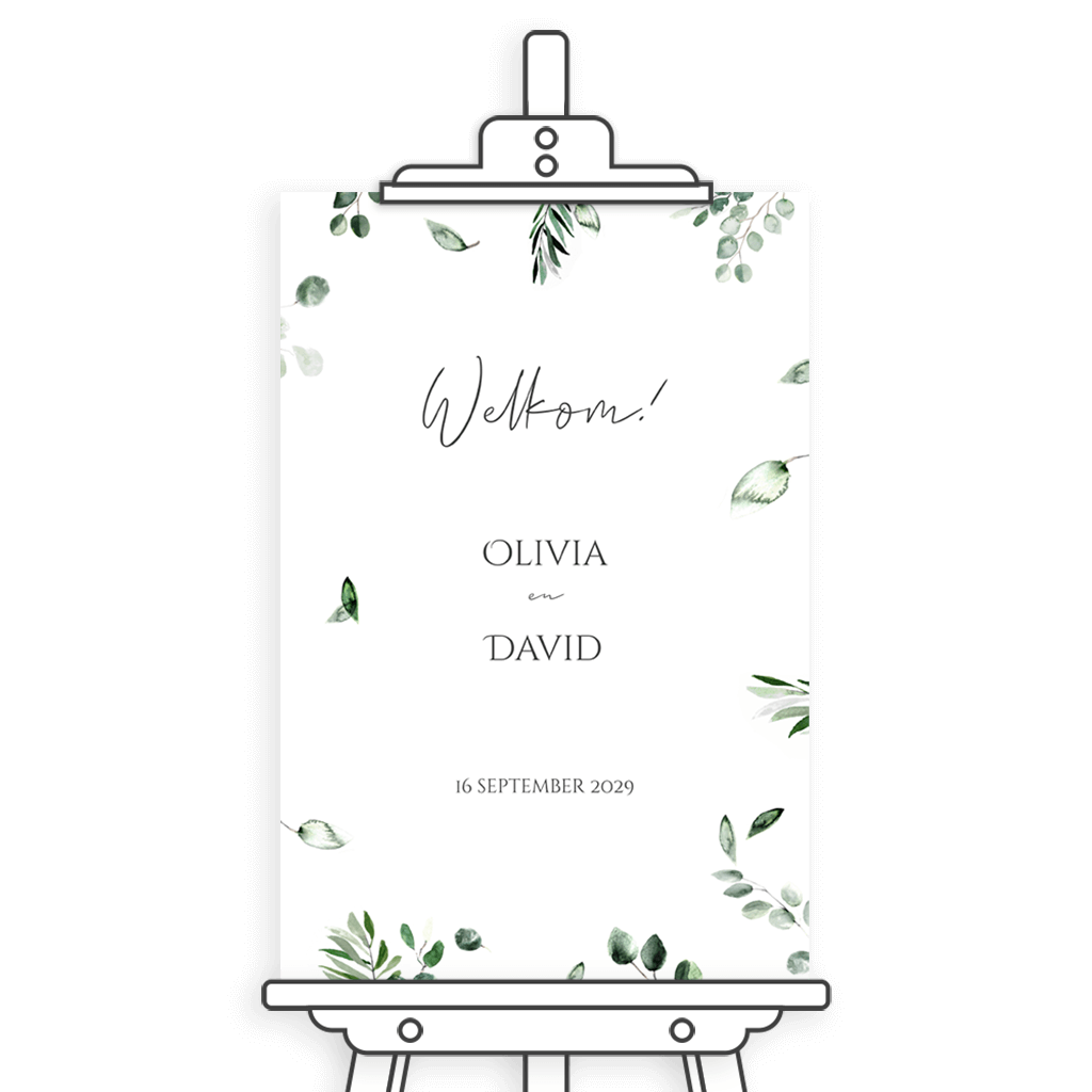 Welkomstbord met botanische blaadjes
