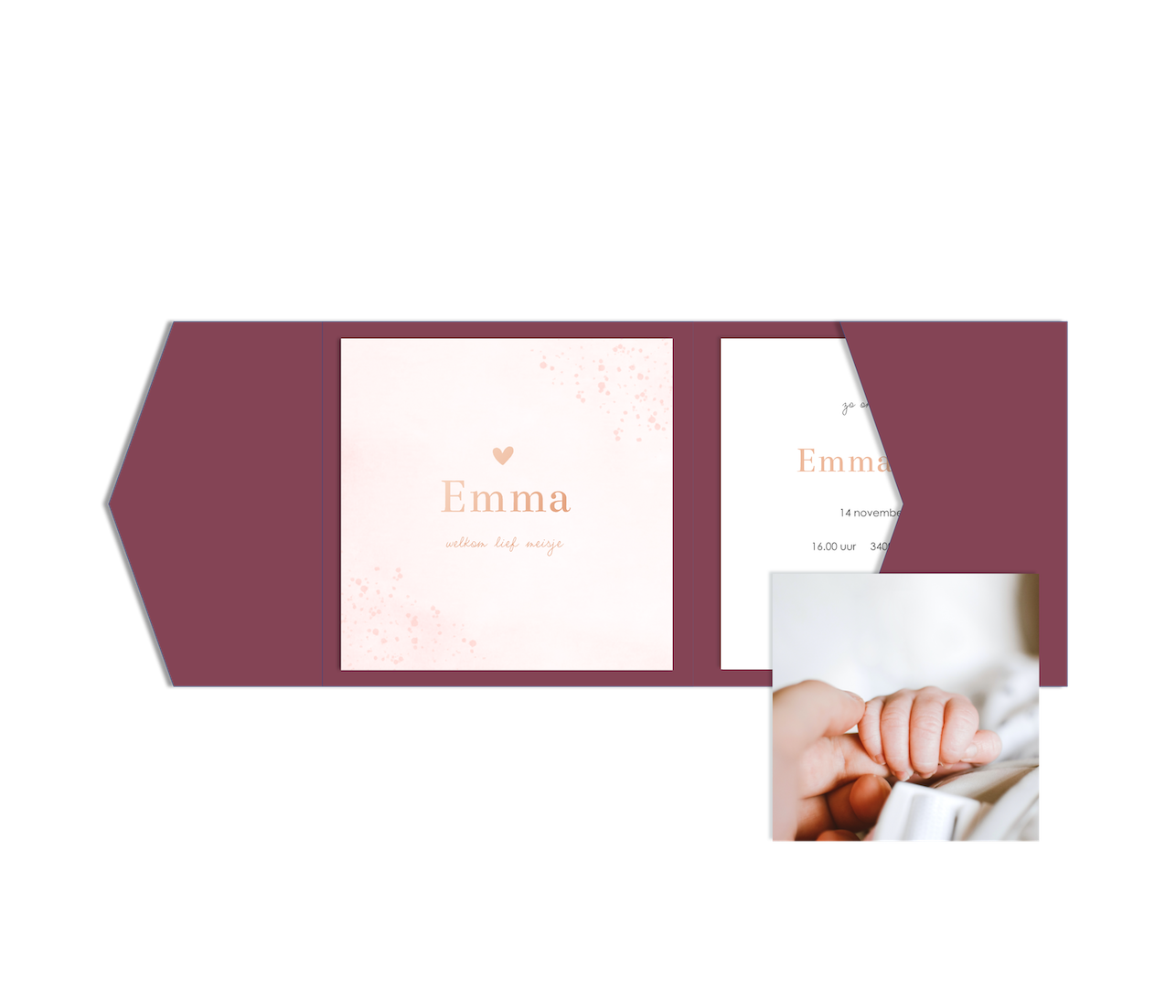 Pocketfold geboortekaartje roze watercolour met roségoudfolie