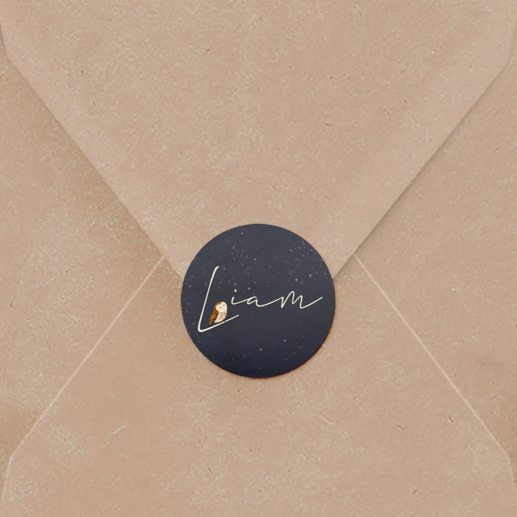 Naamsticker blauw met uiltje in de nacht