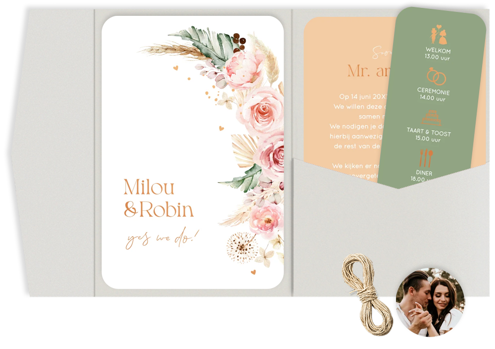 Pocketfold trouwkaart bohemian boho roze goudfolie