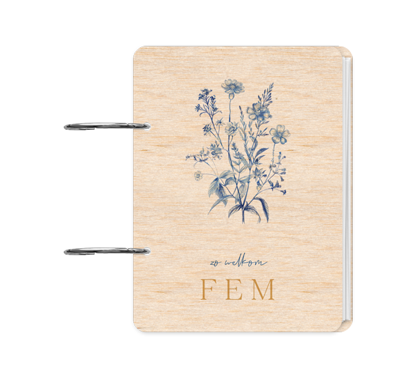 Houten bewaarbundel met bos bloemen in het Delfts blauw