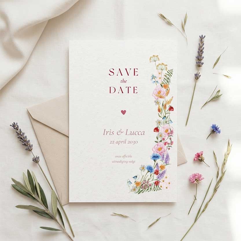 Kleurrijke Save the Date kaart met bloemenrand rood en blauw
