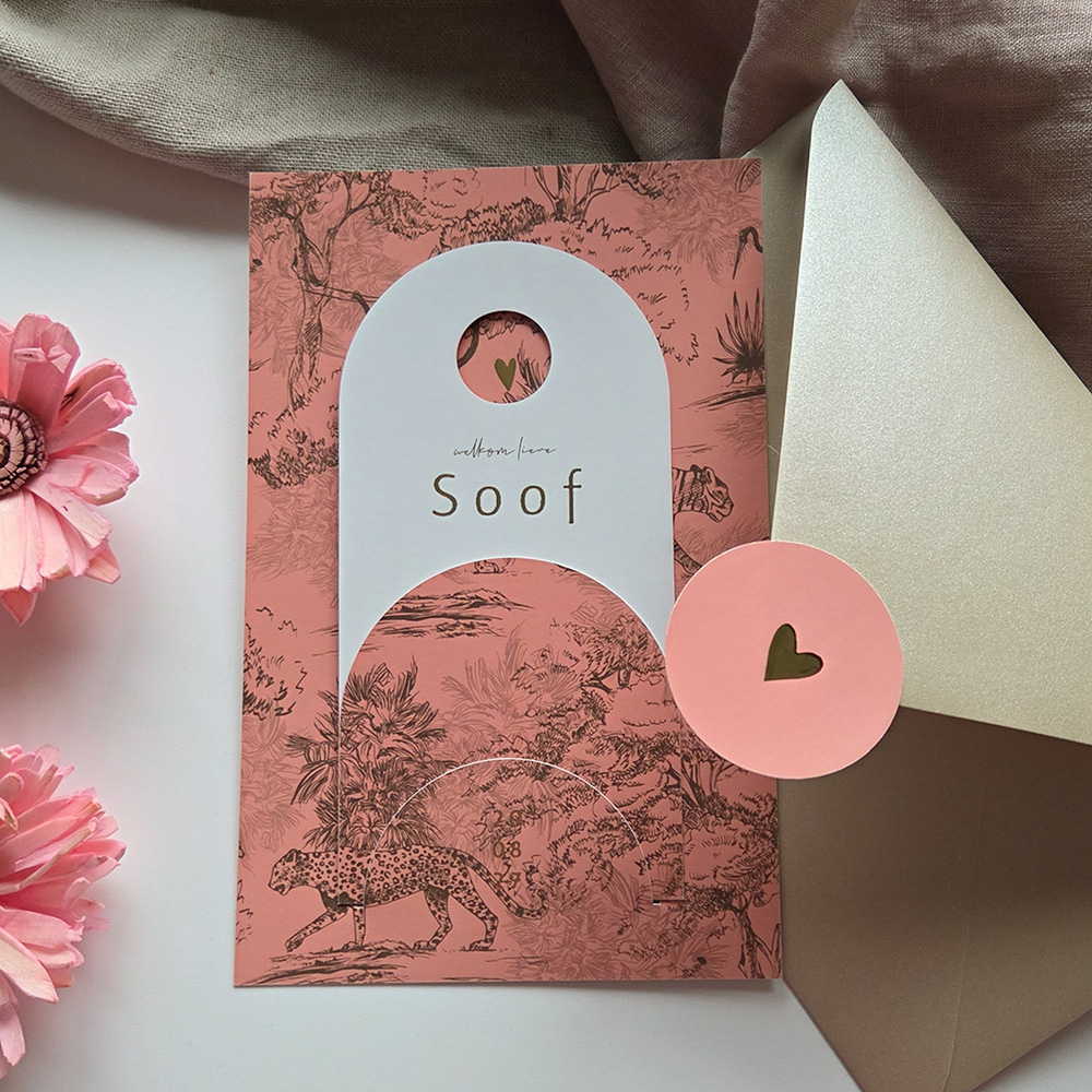 Insteek geboortekaartje pink jungle met goudfolie