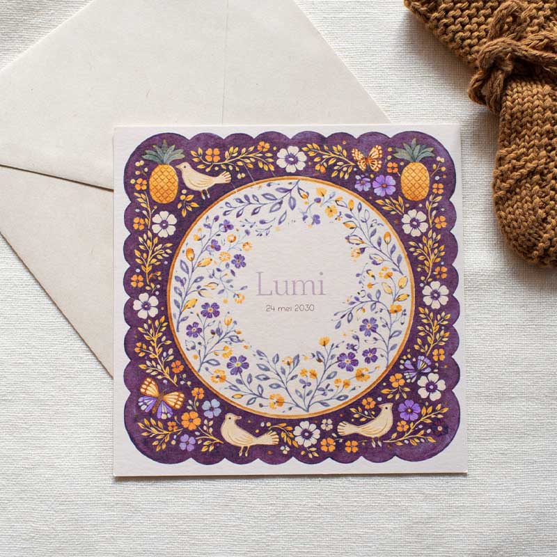 Geboortekaartje meisje boho eclectic bloemen vogels