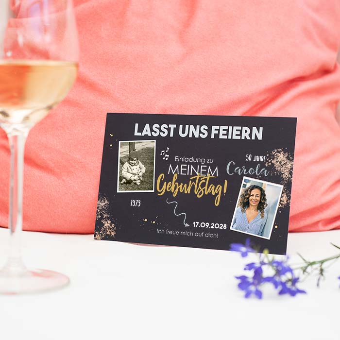 Blaue Einladung zum 50. Geburtstag mit Fotos