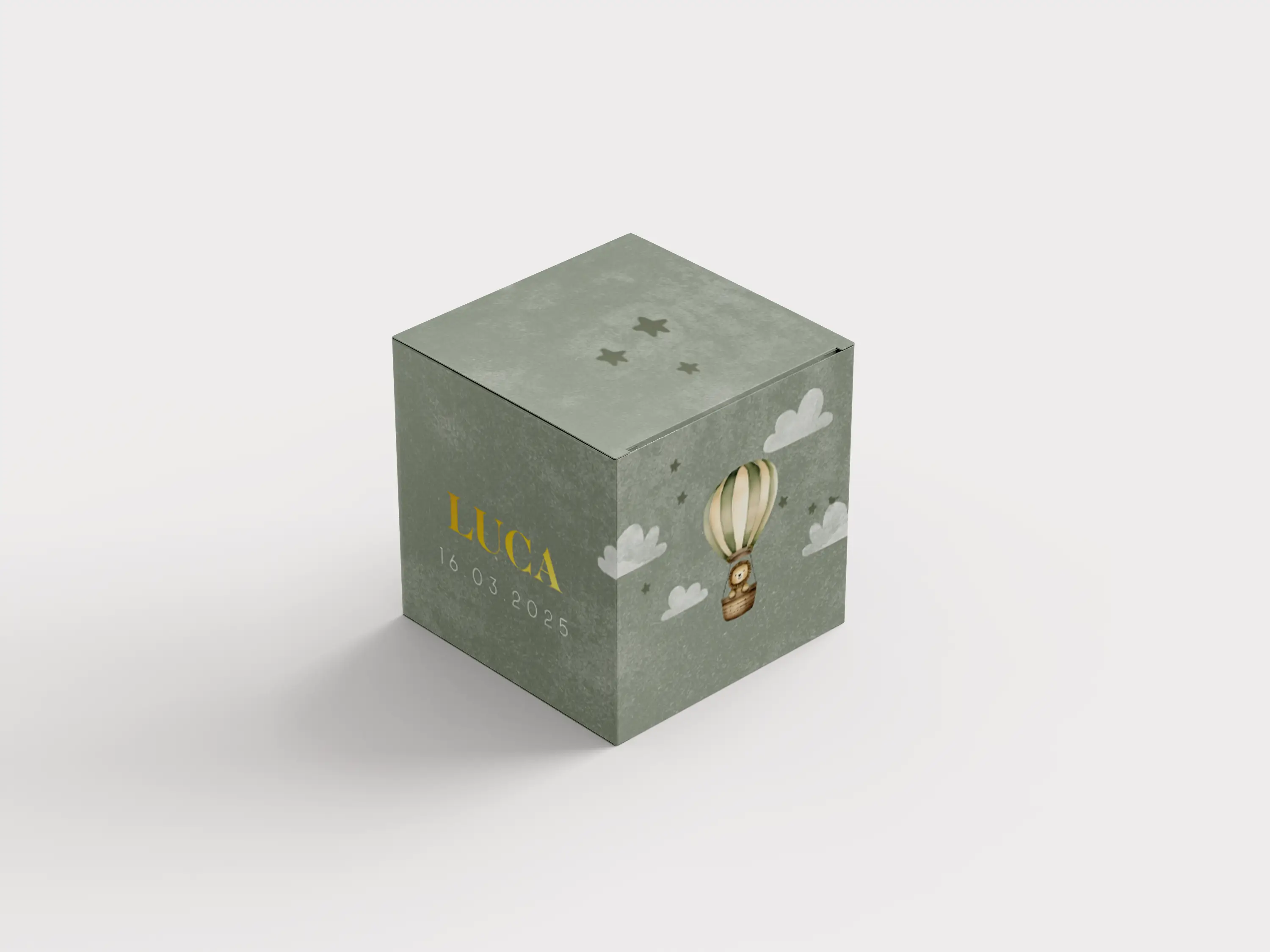 Doopsuikerdoosje groen met leeuw in luchtballon