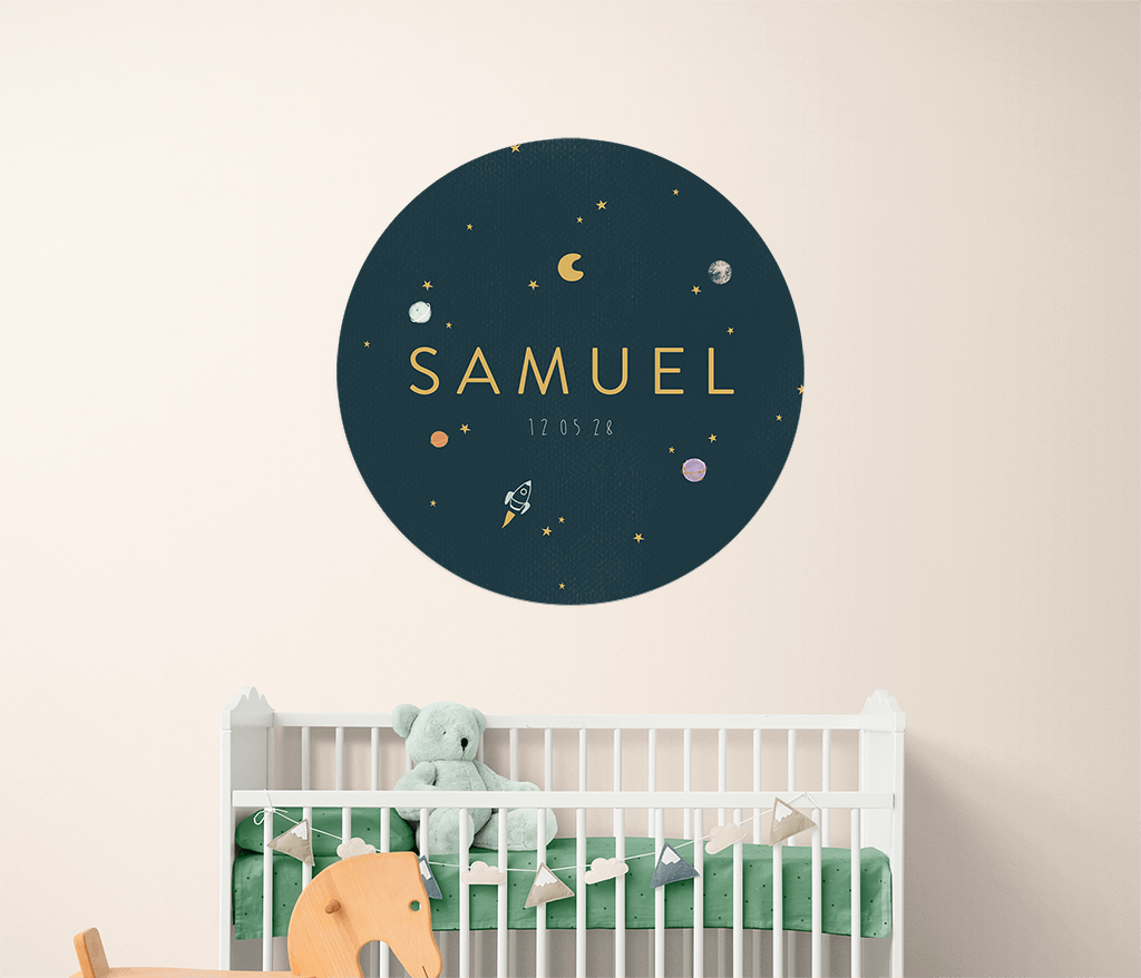 Papier peint rond avec une fusée, des planètes, la lune, des étoiles