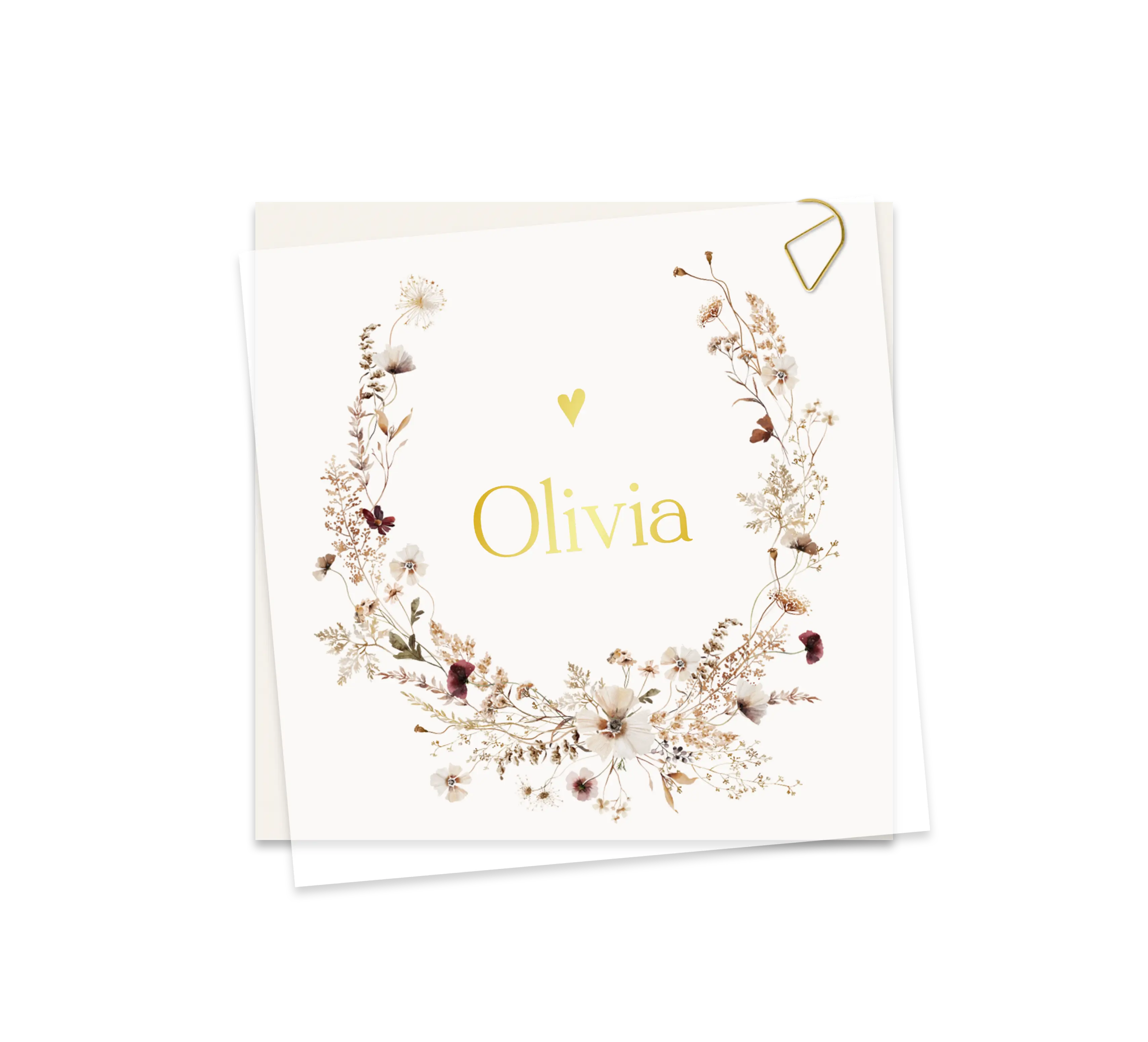 Kalkpapier geboortekaartje met veldbloemen en goudfolie