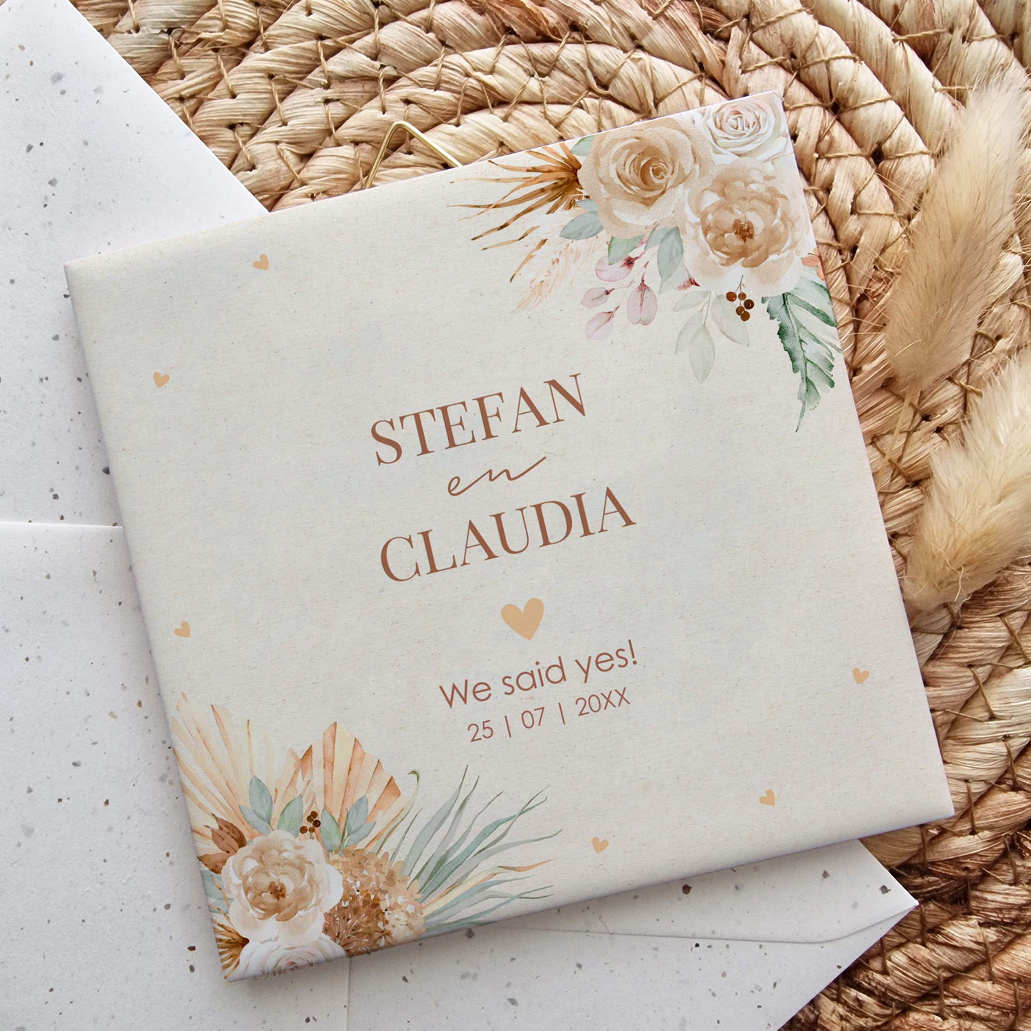 Tegeltje bruiloft bohemian bloemen beige eigen tekst